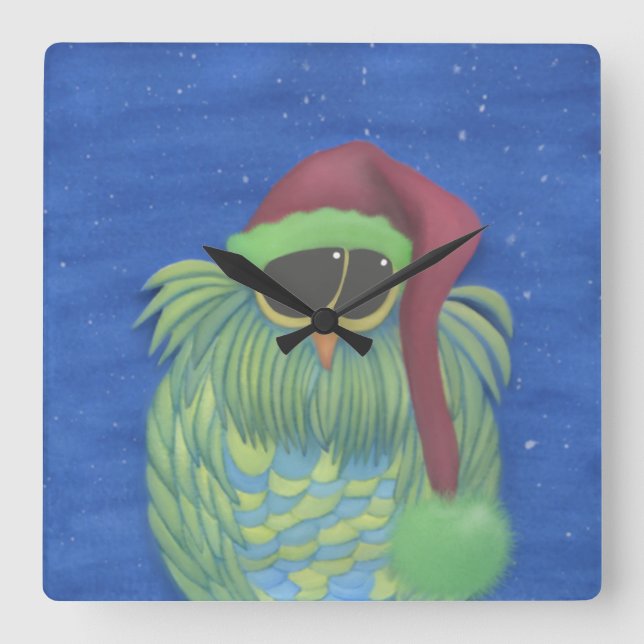 Adorable Owl with Santa Hat Square Wall Clock (Front)