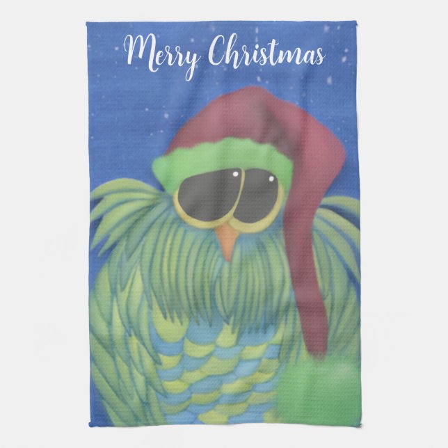 Adorable Owl with Santa Hat  Tea Towel (Vertical)