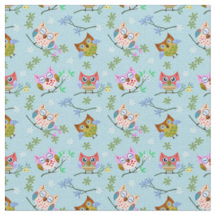 Adorable Owls on Blue Background Fabric