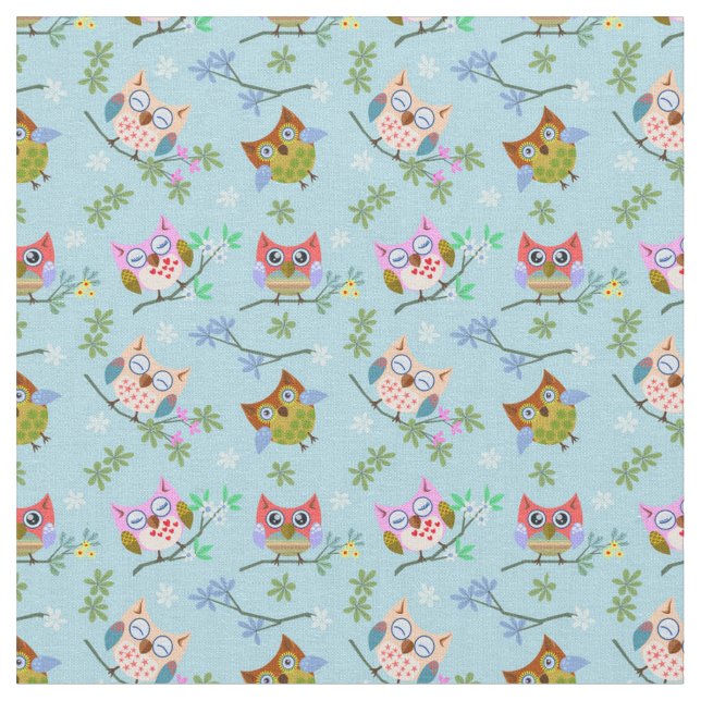 Adorable Owls on Blue Background Fabric (Close Up)