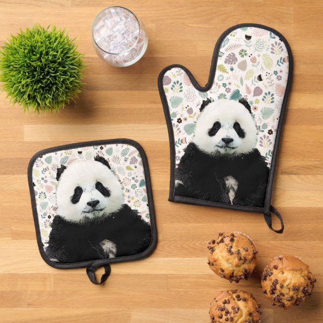 Adorable Panda Bear Animal Name Pretty Pattern Oven Mitt & Pot Holder Set (Top Down)