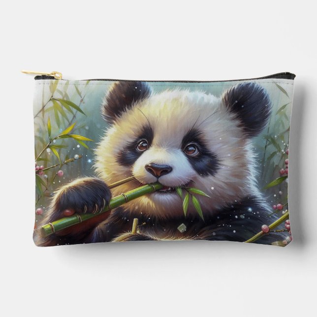 Adorable Panda Bear Eating Bamboo Accessory Pouch (Front)