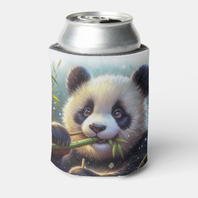 Adorable Panda Bear Eating Bamboo Can Cooler (Can Back)