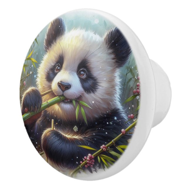 Adorable Panda Bear Eating Bamboo Ceramic Knob (Right)