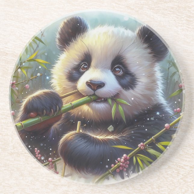 Adorable Panda Bear Eating Bamboo Coaster (Front)