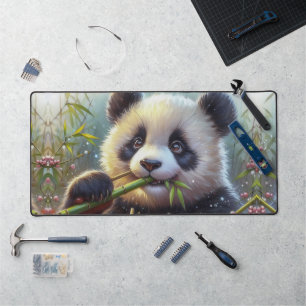 Adorable Panda Bear Eating Bamboo Desk Mat