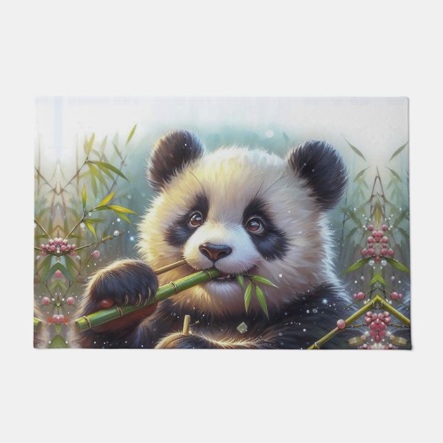 Adorable Panda Bear Eating Bamboo Doormat (Front)