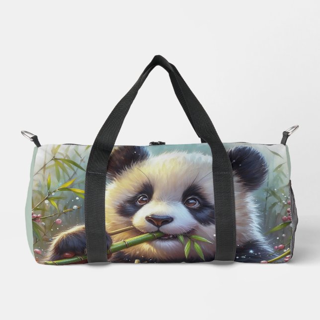 Adorable Panda Bear Eating Bamboo Duffle Bag (Front)