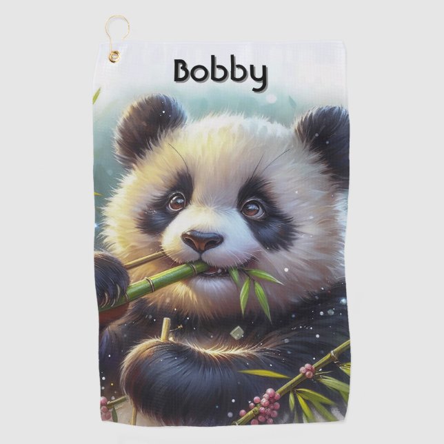 Adorable Panda Bear Eating Bamboo Golf Towel (Front)