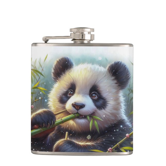 Adorable Panda Bear Eating Bamboo Hip Flask (Front)