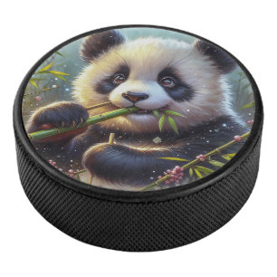 Adorable Panda Bear Eating Bamboo Hockey Puck