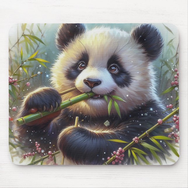 Adorable Panda Bear Eating Bamboo Mouse Mat (Front)