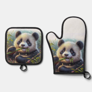 Adorable Panda Bear Eating Bamboo Oven Mitt & Pot Holder Set