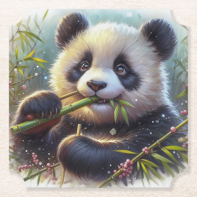 Adorable Panda Bear Eating Bamboo Paper Coaster (Front)