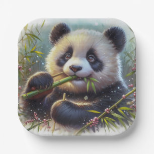 Adorable Panda Bear Eating Bamboo Paper Plate