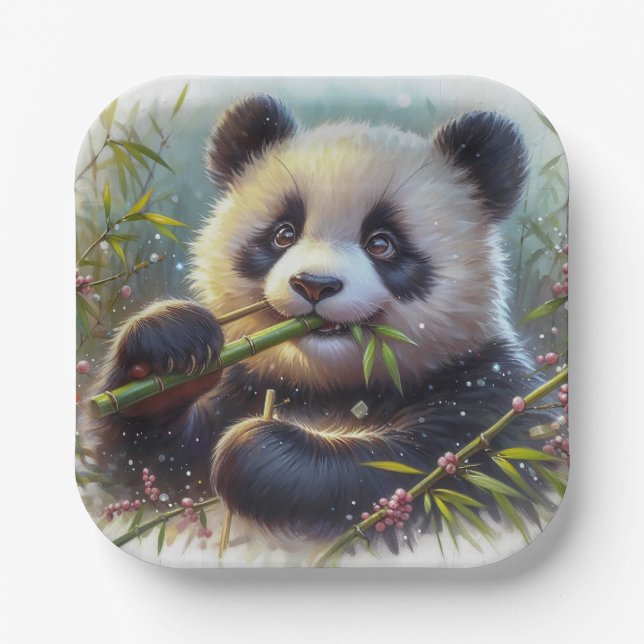 Adorable Panda Bear Eating Bamboo Paper Plate (Front)