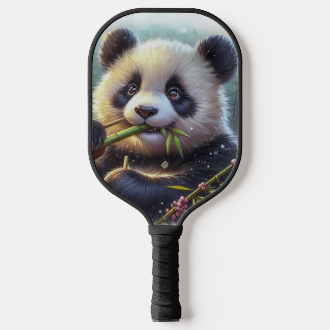 Adorable Panda Bear Eating Bamboo Pickleball Paddle (Front)