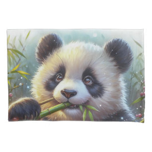 Adorable Panda Bear Eating Bamboo Pillowcase