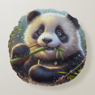 Adorable Panda Bear Eating Bamboo Round Cushion