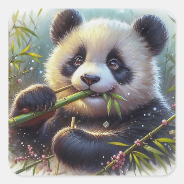 Adorable Panda Bear Eating Bamboo Square Sticker (Front)