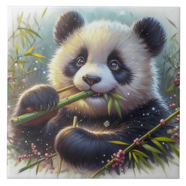 Adorable Panda Bear Eating Bamboo Tile (Front)