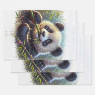 Adorable Panda Bear Eating Bamboo Wrapping Paper Sheet