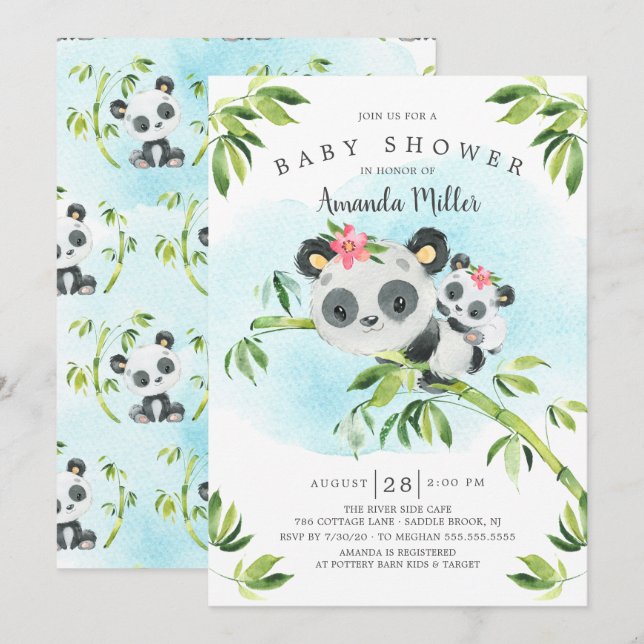 Adorable Panda Bear Girls Baby Shower Invitation (Front/Back)