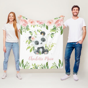 Adorable Panda Bear Pink Floral Greenery  Fleece Blanket