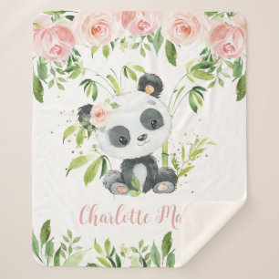 Adorable Panda Bear Pink Floral Greenery  Sherpa Blanket