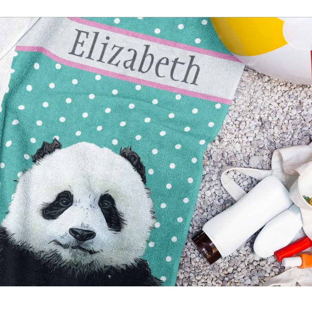 Adorable Panda Bear Teal Name Kid's Animal Beach Towel (Adorable custom panda beach towel, perfect for a vacation getaway or by the pool)