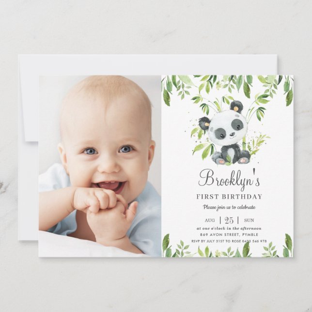 Adorable Panda Greenery 1st Birthday Party Photo Invitation (Front)