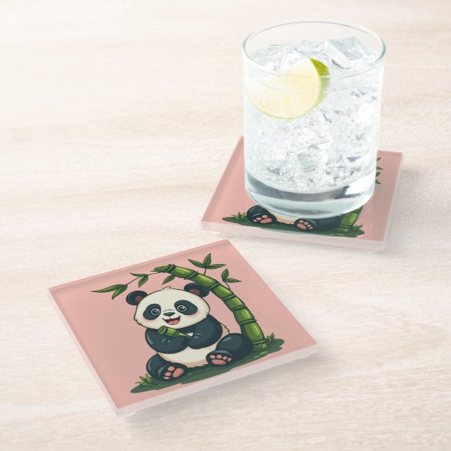 Adorable Panda Hugging Bamboo Cute Cartoon Art Glass Coaster (Angled)