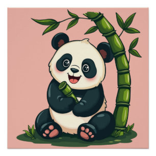 Adorable Panda Hugging Bamboo Cute Cartoon Art Poster