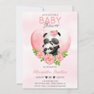 Adorable Panda Mum & baby Pink Floral Baby Shower Invitation
