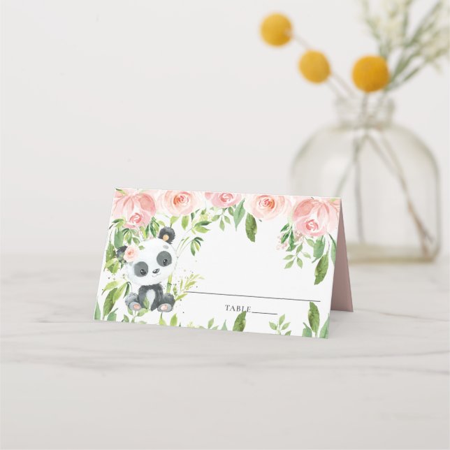 Adorable Panda Pink Floral Greenery Baby Shower Place Card (Front)