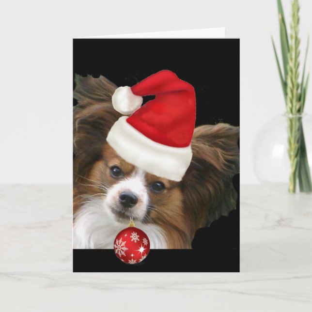 Adorable Papillon  dog in a Santa hat Holiday Card (Front)