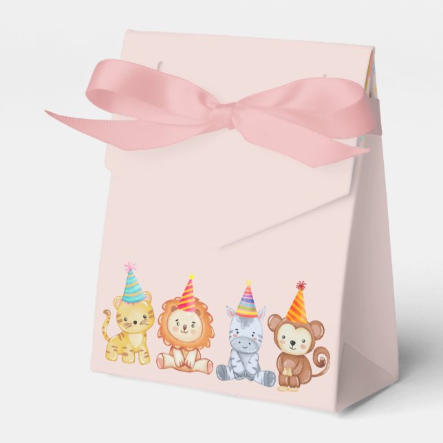 Adorable Party Animals Peach Pink Safari Birthday Favour Box (Front Side)