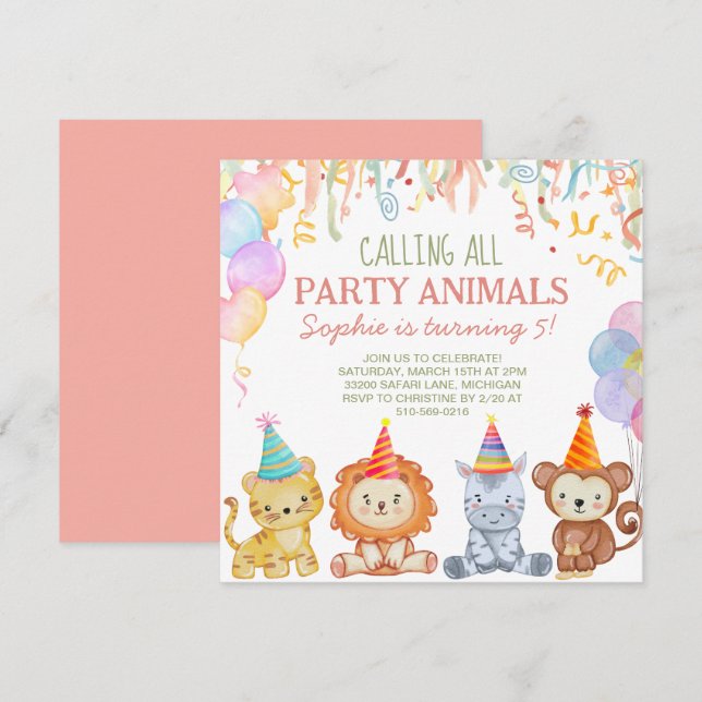 Adorable Party Animals Peach Pink Safari Birthday Invitation (Front/Back)