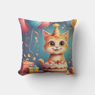 Adorable Party Cat With Cake and Balloons Cushion