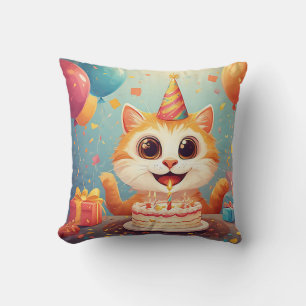 Adorable Party Cat With Cake and Balloons Cushion