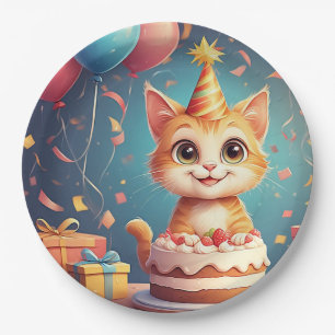Adorable Party Cat With Cake and Balloons Paper Plate