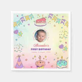 Adorable Pastel Baby Boy 1st Birthday Photo Napkin
