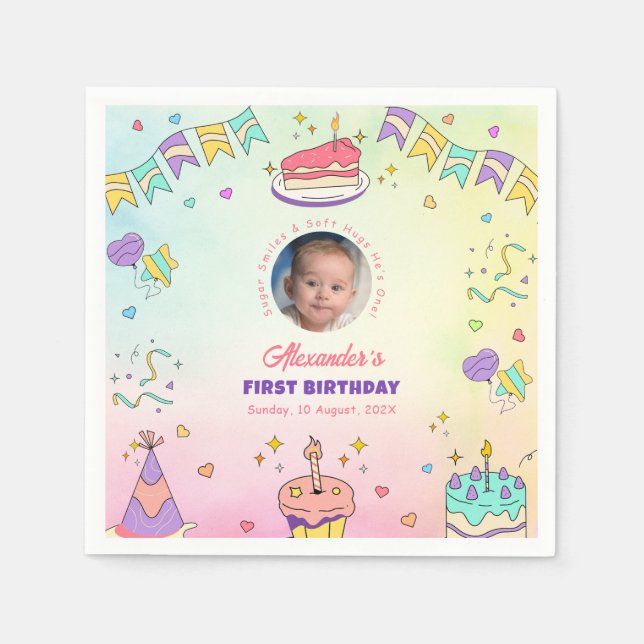 Adorable Pastel Baby Boy 1st Birthday Photo Napkin (Front)