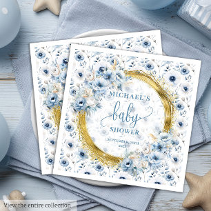 Adorable Pastel Blue Gold Flowers Paper Napkins