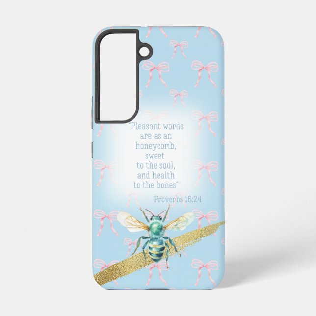 Adorable Pastel Blue Pink Bow Faith Turquoise Bee Samsung Galaxy S22 Case (Back)