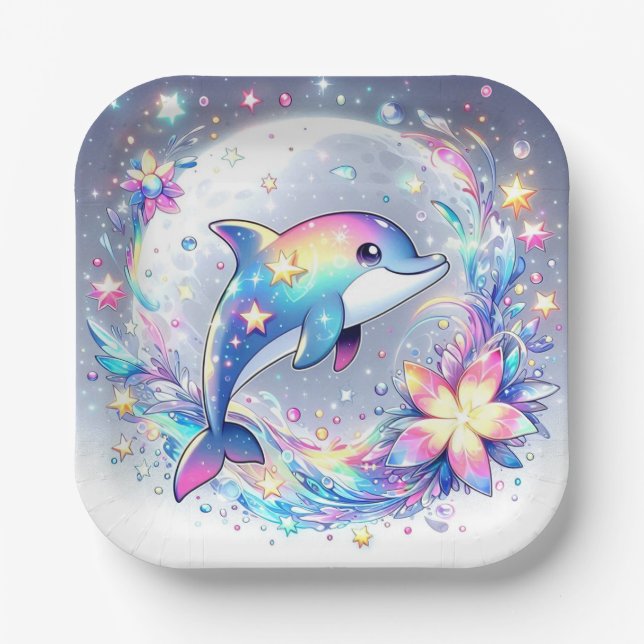 Adorable Pastel Dolphin Baby Shower Paper Plate (Front)