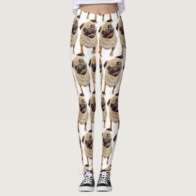 Adorable Pastel Drawn Pug Dog Leggings (Front)