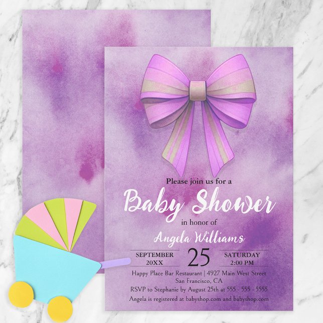 Adorable Pastel Pink Lilac Bow Girl Baby Shower Invitation (Creator Uploaded)