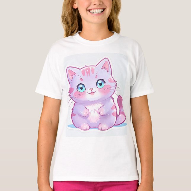 Adorable Pastel Purple Cartoon Cat for Girls T-Shirt (Front)