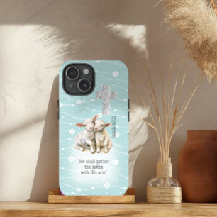 Adorable Pastel Turquoise Floral Lambs Cross Bible iPhone 15 Case